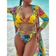 Sexy Floral-Print Split Bikini Swimsuit+Long Sleeve Cover-Ups Three-Piece Set