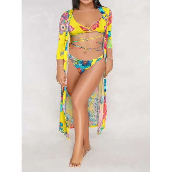 Sexy Floral-Print Split Bikini Swimsuit+Long Sleeve Cover-Ups Three-Piece Set