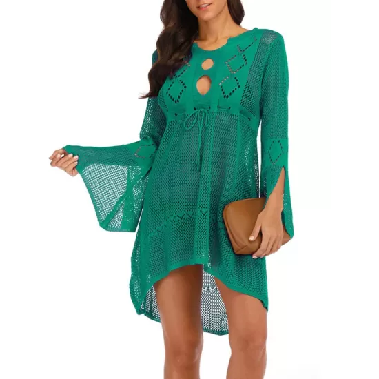 Solid Color Crochetgo Hollow Falbala Split-Joint Bohemia Mini Dress