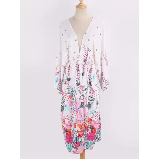 Floral-Print Long Sleeved Tunicshang Cover-Ups Tops