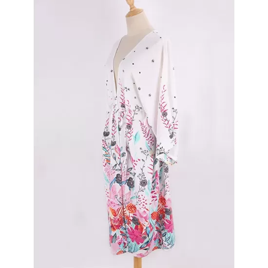 Floral-Print Long Sleeved Tunicshang Cover-Ups Tops