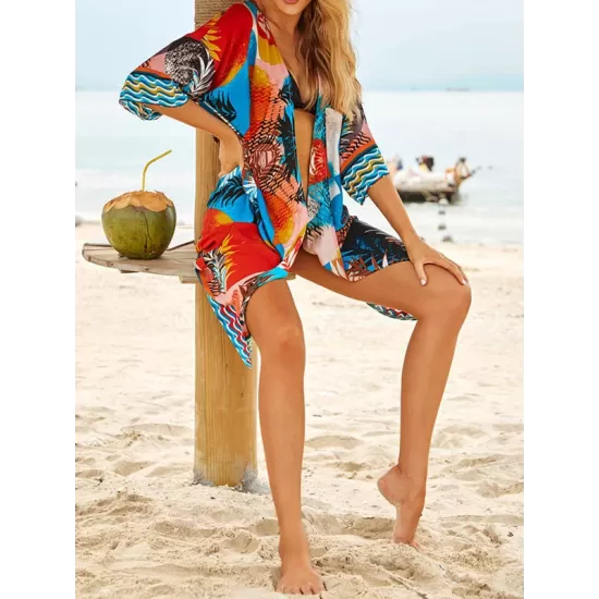 Floral-Print Half-Sleeve Cardigan Cover-Up Swimwear