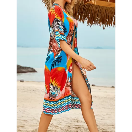 Floral-Print Half-Sleeve Cardigan Cover-Up Swimwear