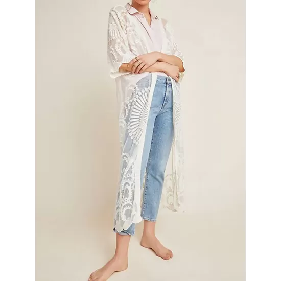 Half-Sleeve Embroidered See-Through Cardigan Cover-Up Swimwear