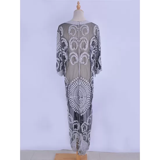 Half-Sleeve Embroidered See-Through Cardigan Cover-Up Swimwear