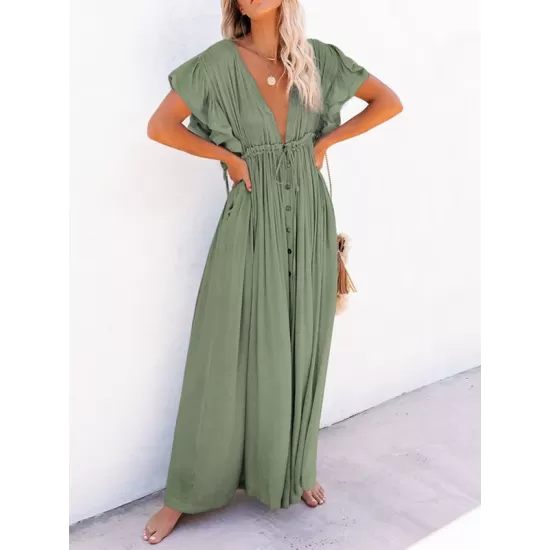 Short Sleeveless V-Back Drawstring Cover-Up Swimwear