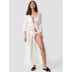 Long Sleeve Lace Split-Joint Lace-Up Vacation Cover-Up Swimwear