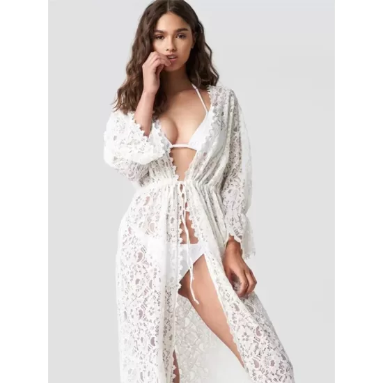 Long Sleeve Lace Split-Joint Lace-Up Vacation Cover-Up Swimwear