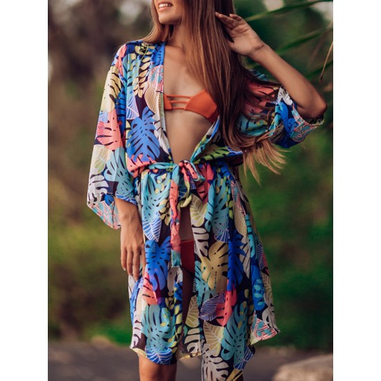 Half-Sleeve Floral Chiffon Cardigan Sash Cover-Up Swimwear