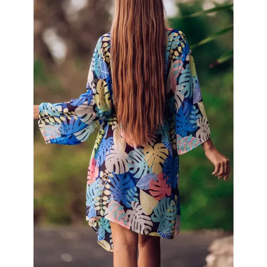 Half-Sleeve Floral Chiffon Cardigan Sash Cover-Up Swimwear