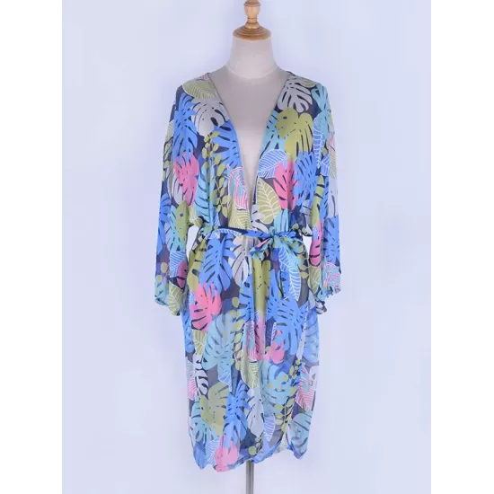 Half-Sleeve Floral Chiffon Cardigan Sash Cover-Up Swimwear