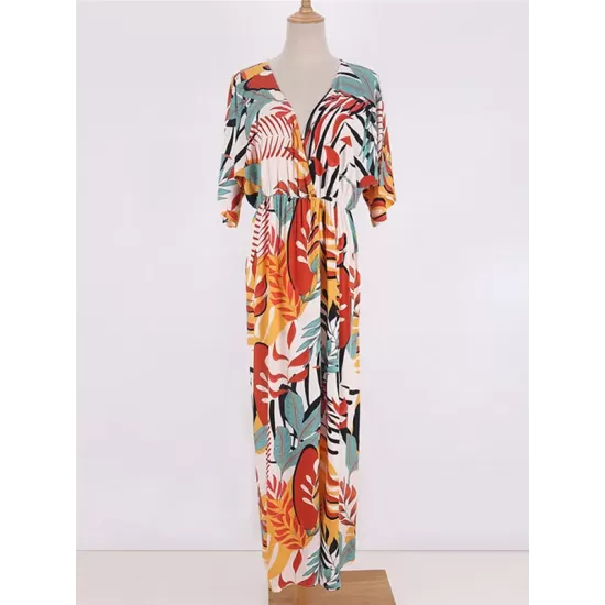 Short Sleeve Floral V-Neck Cardigan Midi Dress Cover-Up Swimwear