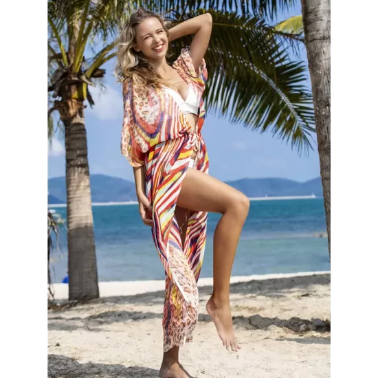 Chiffon Short Sleeve V-Neck Drawstring Cover-Up Swimwear