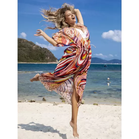 Chiffon Short Sleeve V-Neck Drawstring Cover-Up Swimwear