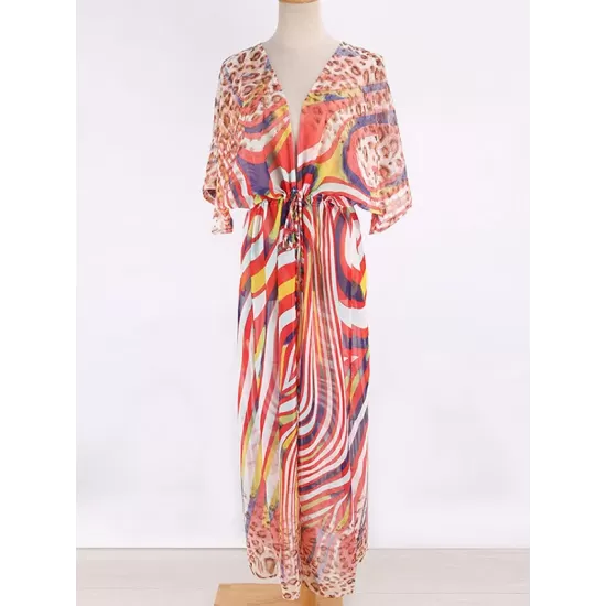 Chiffon Short Sleeve V-Neck Drawstring Cover-Up Swimwear