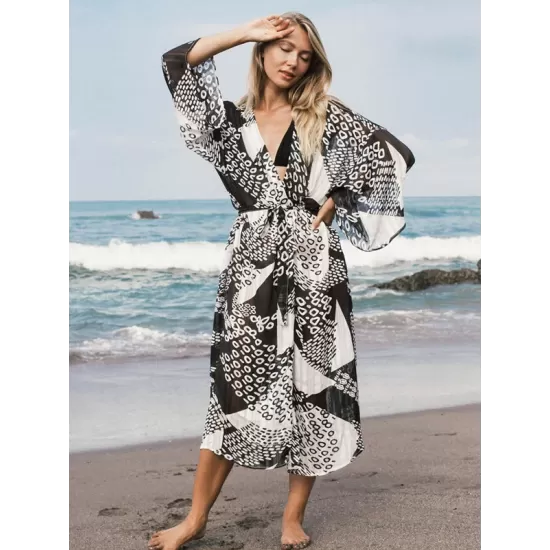 Loose Floral Half Sleeve Cardigan Thin Cover-Up Swimwear