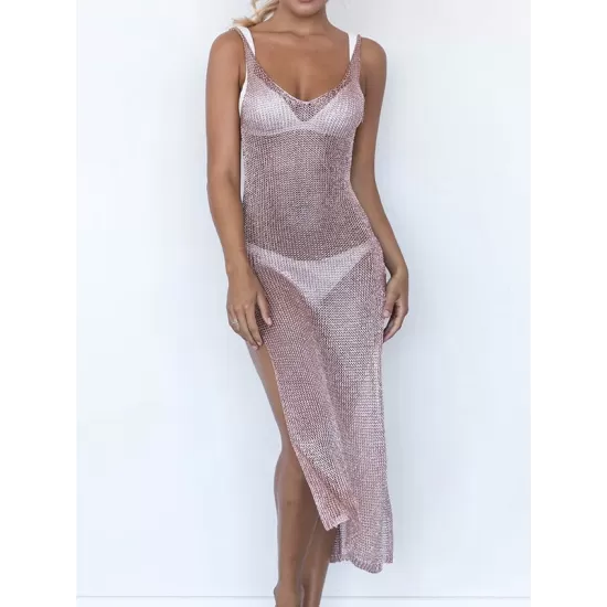 Spaghetti-Neck Hollow Split-Side See-Through Backless Cover-Up Swimwear