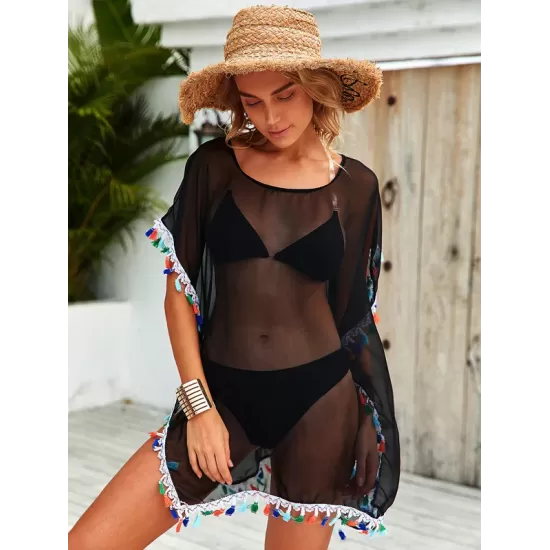 Round-Neck See-Through Mesh Split-Joint Tasseled Cover-Up Swimwear