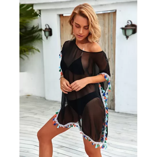 Round-Neck See-Through Mesh Split-Joint Tasseled Cover-Up Swimwear