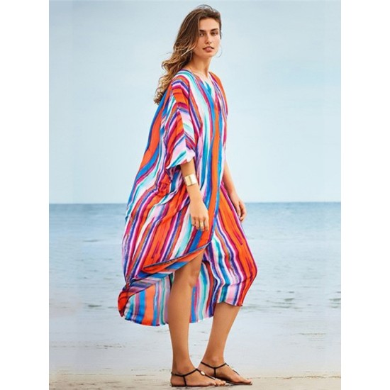 Striped Loose Pocket Cardigan Vacation Beach Cover-Up Swimwear