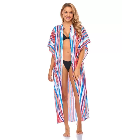 Striped Loose Pocket Cardigan Vacation Beach Cover-Up Swimwear