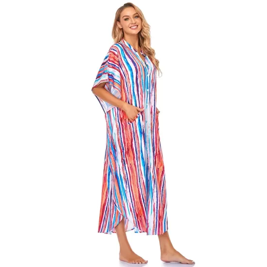 Striped Loose Pocket Cardigan Vacation Beach Cover-Up Swimwear