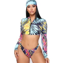 Leaf Print Long Sleeve Zipper Hipster With Turban Wetsuit Swimwear