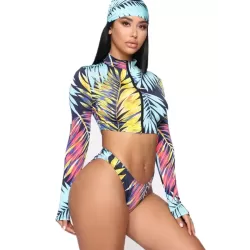 Leaf Print Long Sleeve Zipper Hipster With Turban Wetsuit Swimwear