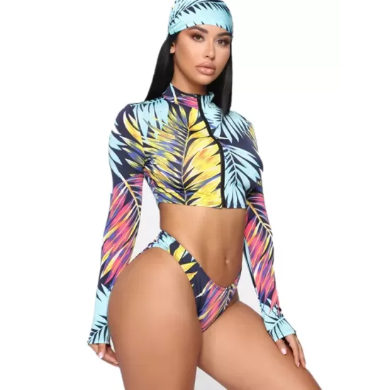 Leaf Print Long Sleeve Zipper Hipster With Turban Wetsuit Swimwear