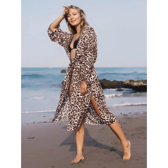 Leopard Split-Side Cardigan Vacation Beach Cover-Up Swimwear