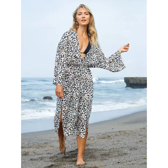 Leopard Split-Side Cardigan Vacation Beach Cover-Up Swimwear