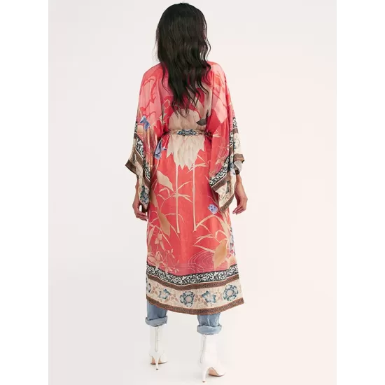 Rayon Floral Loose Caidigan Long Sleeve Beach Cover-Up Swimwear