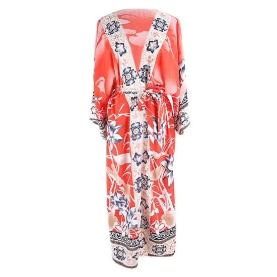 Rayon Floral Loose Caidigan Long Sleeve Beach Cover-Up Swimwear