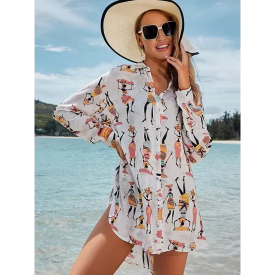 Cartoon Girl Print Long Sleeve Shirt-Style Beach Cover-Up Swimwear