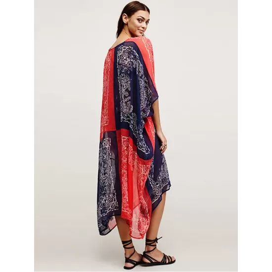 Chiffon Red And Blue Squares Print Loose Cover-Up Swimwear