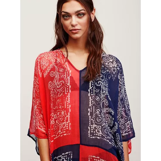 Chiffon Red And Blue Squares Print Loose Cover-Up Swimwear