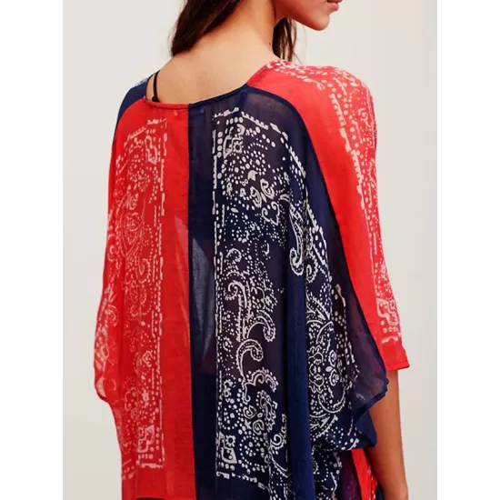 Chiffon Red And Blue Squares Print Loose Cover-Up Swimwear