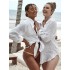 Simple Solid Color Button Long Sleeve Shirt-Style Cover-Up Swimwear