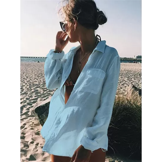 Simple Solid Color Button Long Sleeve Shirt-Style Cover-Up Swimwear