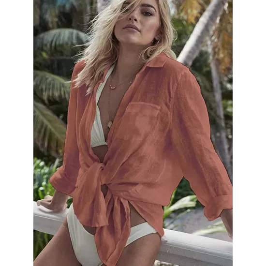 Simple Solid Color Button Long Sleeve Shirt-Style Cover-Up Swimwear