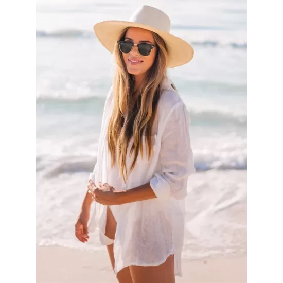 Simple Solid Color Button Long Sleeve Shirt-Style Cover-Up Swimwear