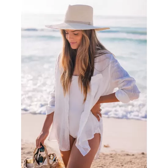 Simple Solid Color Button Long Sleeve Shirt-Style Cover-Up Swimwear