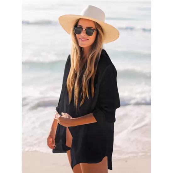 Simple Solid Color Button Long Sleeve Shirt-Style Cover-Up Swimwear