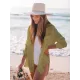 Simple Solid Color Button Long Sleeve Shirt-Style Cover-Up Swimwear