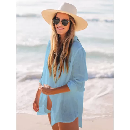 Simple Solid Color Button Long Sleeve Shirt-Style Cover-Up Swimwear