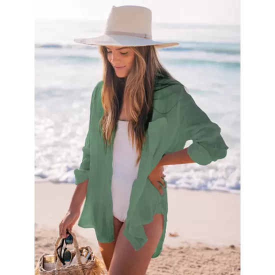 Simple Solid Color Button Long Sleeve Shirt-Style Cover-Up Swimwear