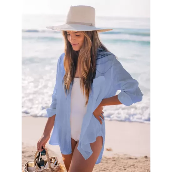 Simple Solid Color Button Long Sleeve Shirt-Style Cover-Up Swimwear