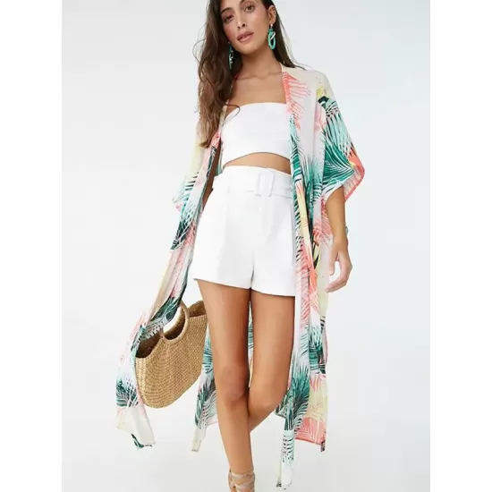 Colorful Leaf Printing Cardigan Loose Vacation Beach Cover-Up Swimwear