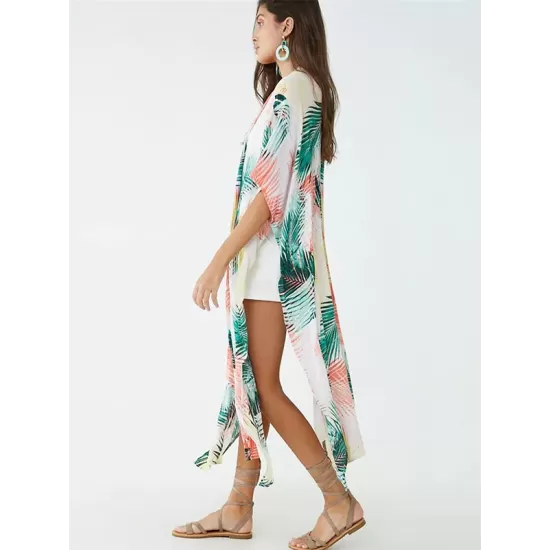 Colorful Leaf Printing Cardigan Loose Vacation Beach Cover-Up Swimwear