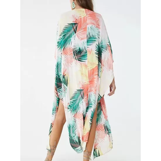 Colorful Leaf Printing Cardigan Loose Vacation Beach Cover-Up Swimwear